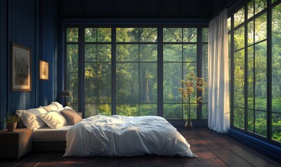 Stylish bedroom with navy-blue walls, soft white bedding, and large windows overlooking a forest.