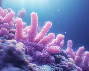 Fototapeta premium Coral reef in clear water with glowing AR marine life details, vibrant underwater scene, soft blue tones, photorealistic