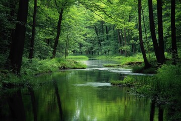 Serene river flowing through a lush green forest.