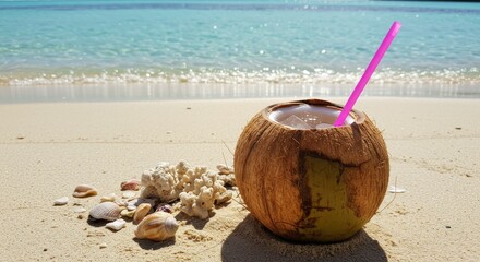 Coconut Drink on Sandy Beach