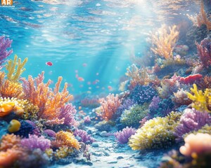 Naklejka premium Coral reef in clear water with glowing AR marine life details, vibrant underwater scene, soft blue tones, photorealistic