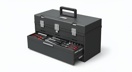 Organized Toolbox with Open Drawer Showing Tools on White Background