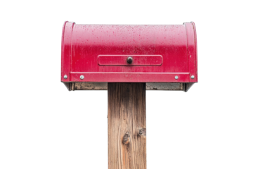 A vibrant red mailbox standing tall on a wooden post, glistening in the soft rain under a cloudy sky isolated on transparent background
