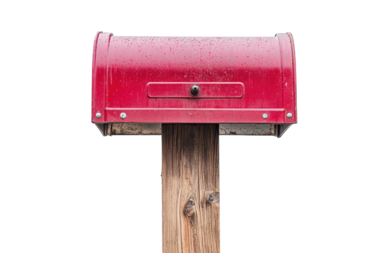 A vibrant red mailbox standing tall on a wooden post, glistening in the soft rain under a cloudy sky isolated on transparent background