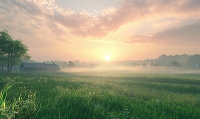 Obraz premium Sunrise view of a tranquil rural landscape with soft mist hovering over green fields and distant cottage