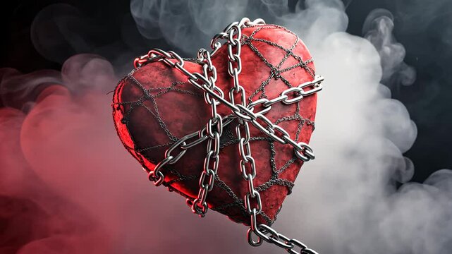 heart disease concept, Heart wrapped in chains amidst smoky background.