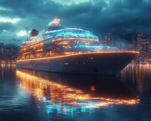Fototapeta premium Cruise ship docked at port with glowing holographic amenities, vibrant waterfront setting, soft natural lighting, photorealistic