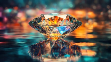 A beautifully cut diamond with sharp facets glowing under colorful ambient light