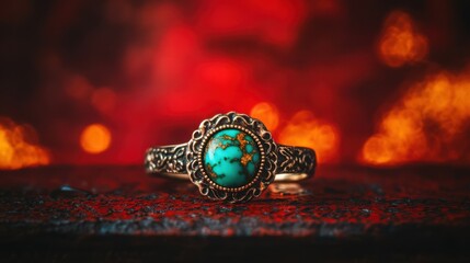A bohemian-style turquoise ring in antique silver, glowing against a striking red background