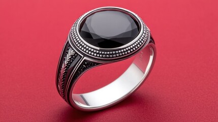 A bold black onyx ring with an engraved silver band, set against a deep red surface