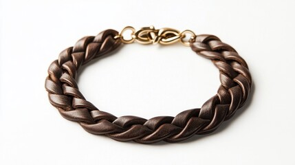 Obraz premium A braided leather necklace with metallic accents, laid flat on a white background