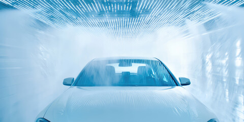 Close-up of a car going through an automated car washing machine. Automatic car wash, large rotating brushes