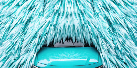 Close-up of a car going through an automated car washing machine. Automatic car wash, large rotating brushes