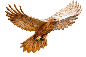 Majestic eagle soaring through the sky, showcasing intricate wooden craftsmanship at dawn isolated on transparent background