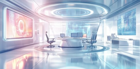 A futuristic conference room displays advanced technology and modern design