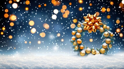 Fototapeta premium A serene winter evening captures a snowcovered wreath, highlighted in soft black and vibrant orange hues for a festive glow.