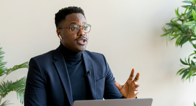 A man in a suit is talking on a laptop
