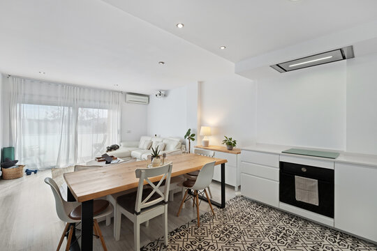 Modern apartment minimalist open plan kitchen and living space