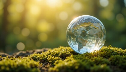 Glass Globe Earth on Lush Green Moss Environmental Conservation Concept