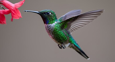 Fototapeta premium Hummingbird Hovering Near Red Flower Seeking Nectar in Natural Setting