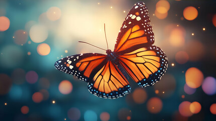 Fototapeta premium Monarch butterfly in flight, bokeh background, nature, freedom, inspirational