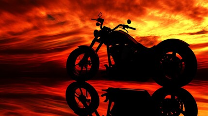 Fototapeta premium Silhouette of a motorcycle against a vibrant sunset sky reflecting on a surface, evoking a sense of freedom and adventure