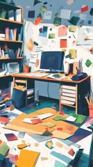 Naklejka premium Chaotic workspace featuring a computer desk books and scattered papers