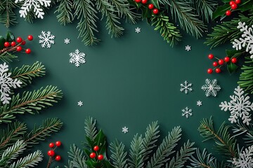 Elegant Christmas Card Background with Evergreen Foliage and Snowflakes