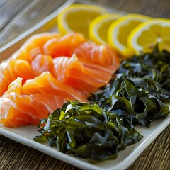 close-up of seafood platter featuring seaweed as the centerpiece: small mounds of wakame, alongside fresh salmon, and lemon slices