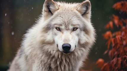 Obraz premium A wild white wolf roams gracefully through a snowy landscape, blending into the soft winter scene around it.