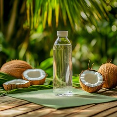 bottle of coconut water placed in a outdoor garden, with fresh coconuts and green leaves around it