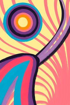 Vibrant abstract painting with colorful spirals and stripes