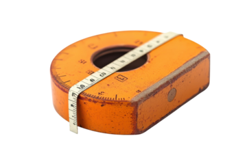 An orange measuring tool resting on a white surface with a measuring tape draped over it isolated on transparent background