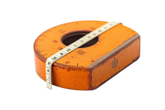 An orange measuring tool resting on a white surface with a measuring tape draped over it isolated on transparent background - Powered by Adobe