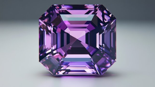 A radiant spinel gemstone displaying deep violet hues on a pristine white surface