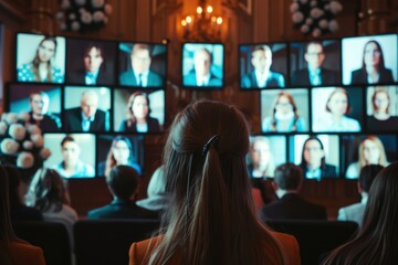 Virtual gathering in a historic church featuring screens with a speaker during a memorial event