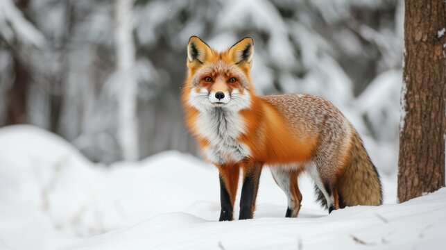Red Fox in Snowy Forest; Wildlife Portrait; Nature Scene; Stock Photo
