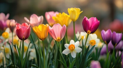 Obraz premium A beautiful spring flower garden with tulips, daffodils, and crocuses in full bloom, creating a burst of color.