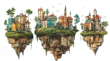 Three fantastical floating islands feature buildings and natural landscapes