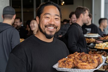 Smiling Asian man holding a tray of fried food at a social gathering, surrounded by people. A concept of hospitality, friendship, and sharing