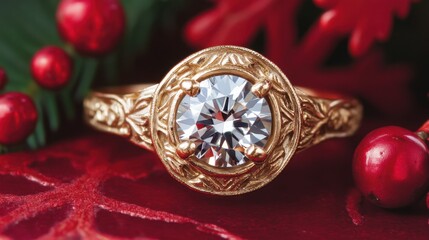 A vintage-inspired ring with intricate engravings, beautifully showcased on red