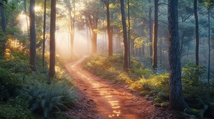 Obraz premium Misty forest trail with glowing AR trail guide, soft diffused light, serene natural setting, photorealistic