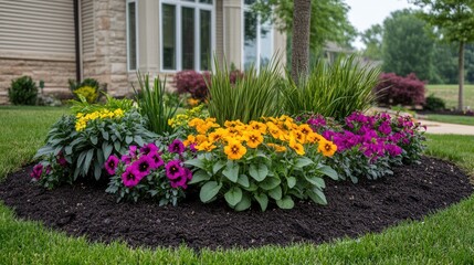 Fototapeta premium A close-up of a vibrant flower bed with bright pansies, marigolds, and petunias, surrounded by green garden plants.