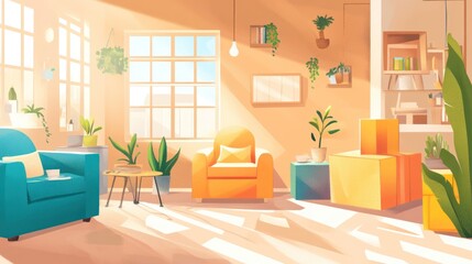 Fototapeta premium Sunlit living room with armchairs, plants, and boxes.