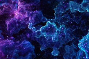 Obraz premium glowing data visualization network, interconnected nodes forming abstract patterns, deep blue and purple hues, digital particles