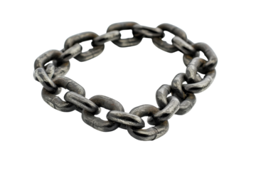 A worn metal chain rests on a light background, highlighting its unique texture and intricate links isolated on transparent background