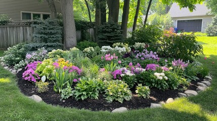 A colorful garden bed full of blooming peonies, lilacs, and irises, with fresh green foliage surrounding the flowers.