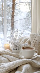 Cozy winter scene hot drink, candle, and snowy view.