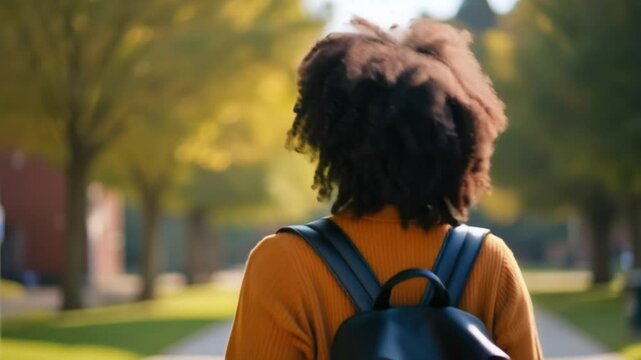 Young female college student walking to class on a university campus, back view