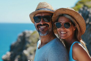 Middle-Age married couple relaxing on tropical cliffside on vacation, copy space